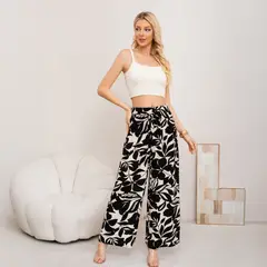 AGW - Pantalón de Lino Palazzo Floreado Verano Pretina Alta Elasticados