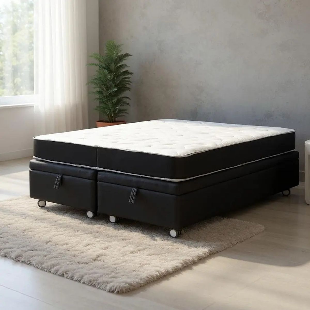 BLOCCARE - Cama Baul 2 Plazas + Colchon Black L190 / Con Ruedas LOGO (Negro)