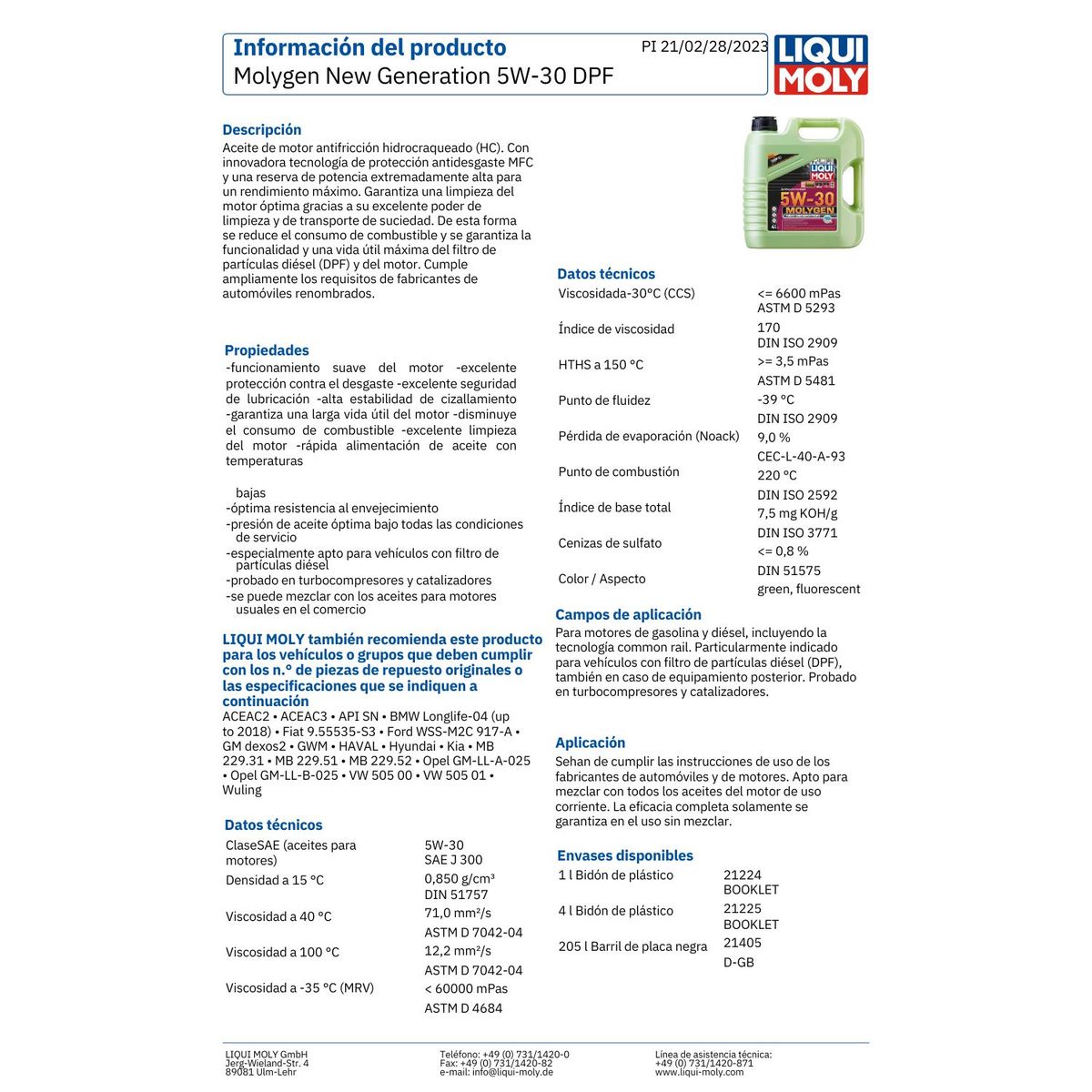 LIQUI MOLY - Aceite Motor 5w30 New Generation Full Sintético DPF 4 Lts.