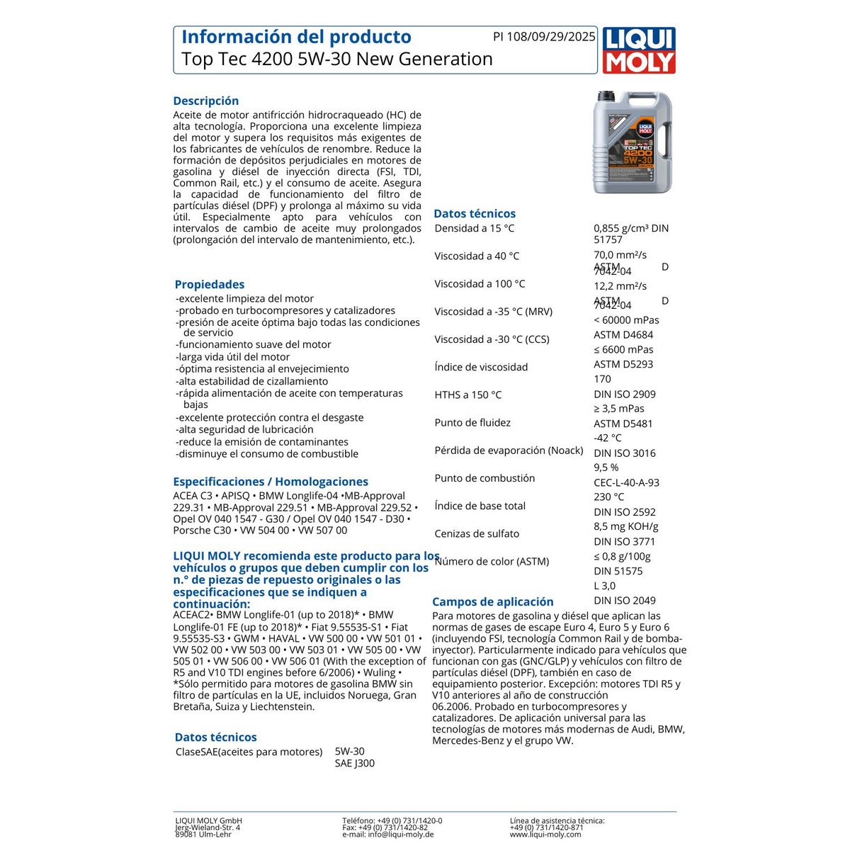 LIQUI MOLY - Aceite Motor 5w30 Top Tec 4200 Liqui Moly 4 Lts.