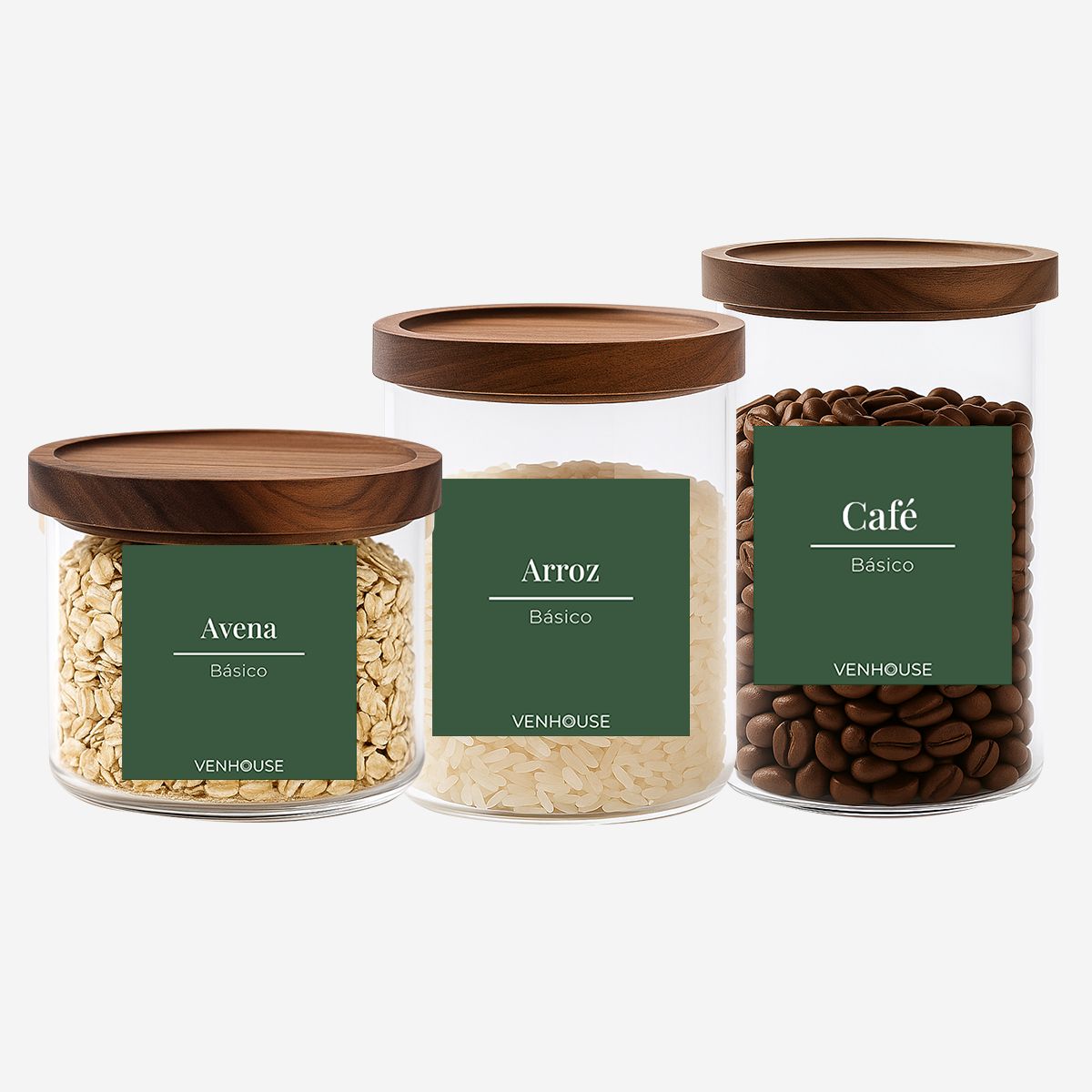 GENERICO - Set 3 Contenedores Herméticos Vidrio Cocina Acacia Etiqueta Verde
