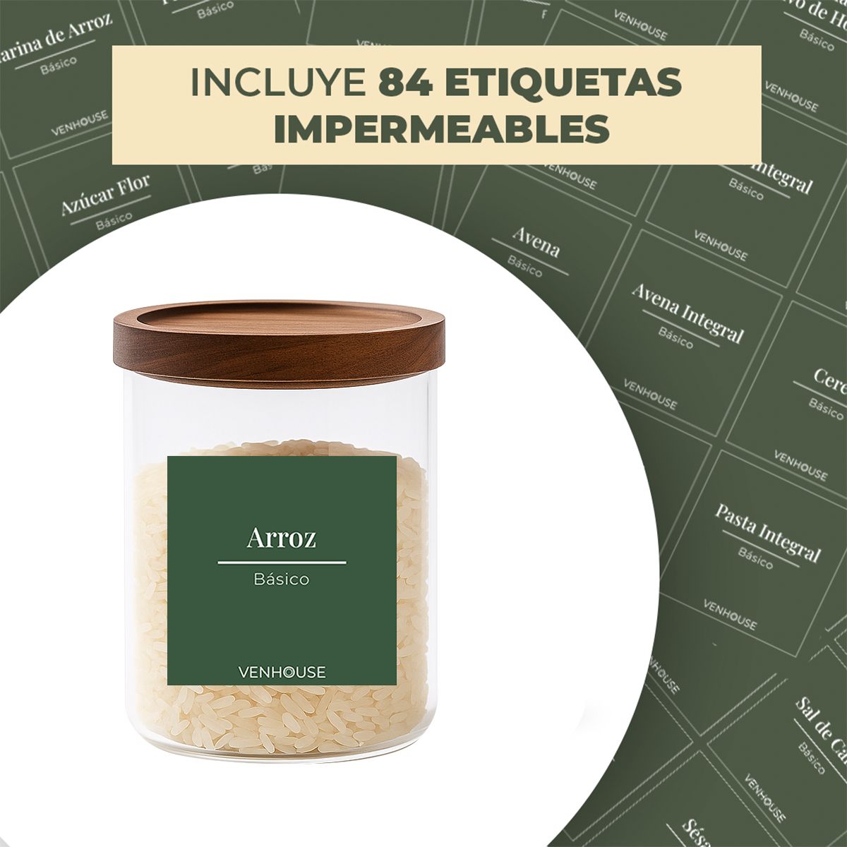 GENERICO - Set 3 Contenedores Herméticos Vidrio Cocina Acacia Etiqueta Verde