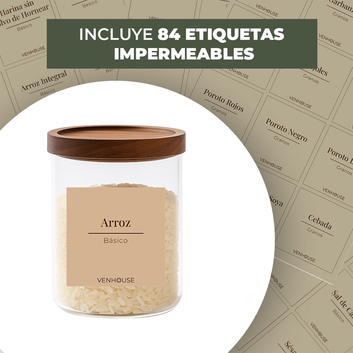 GENERICO - Set 3 Contenedores Herméticos Vidrio Cocina Acacia Etiqueta Beige