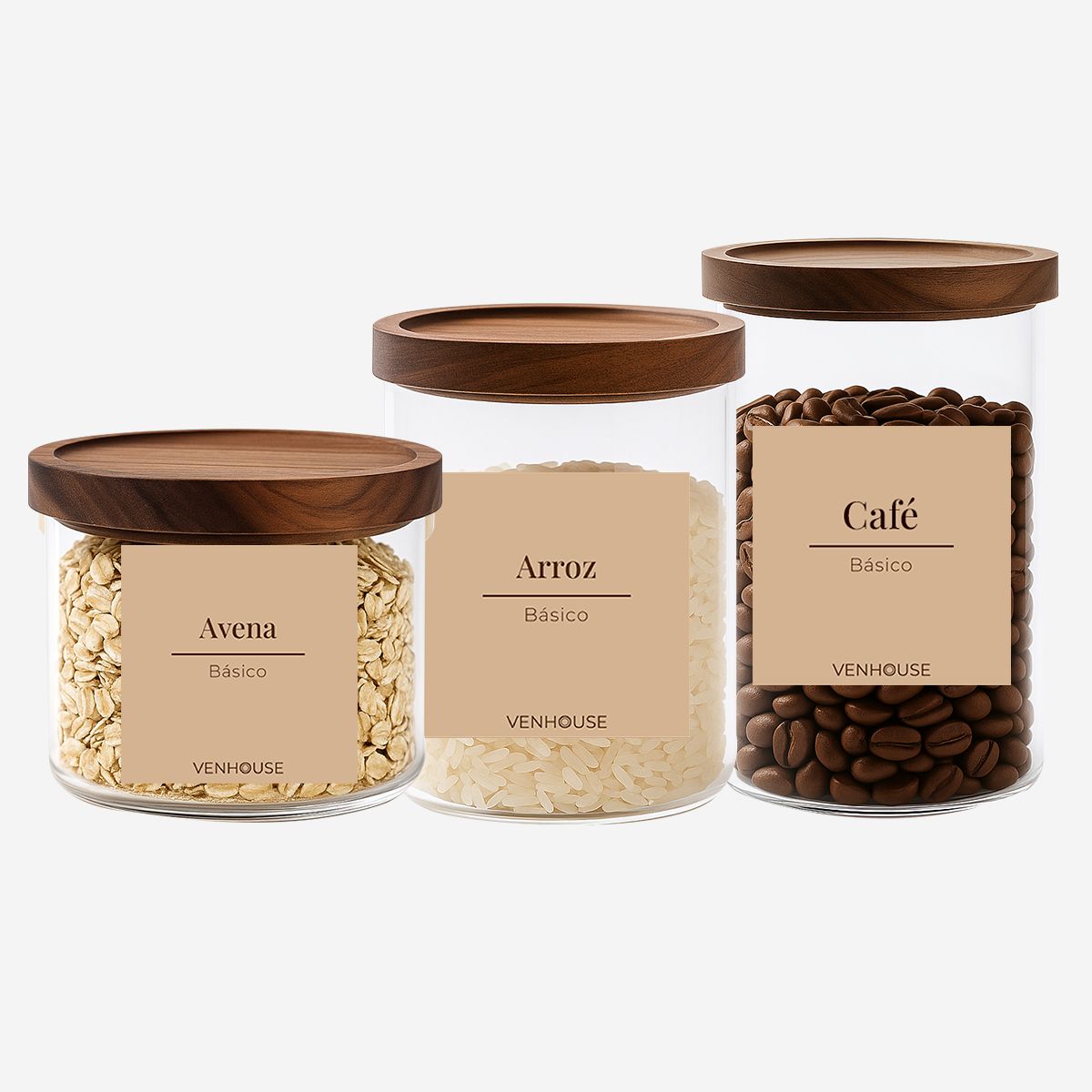GENERICO - Set 3 Contenedores Herméticos Vidrio Cocina Acacia Etiqueta Beige