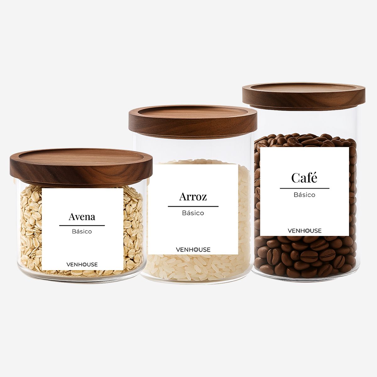 GENERICO - Set 3 Contenedores Herméticos Vidrio Cocina Acacia Etiqueta Blanca
