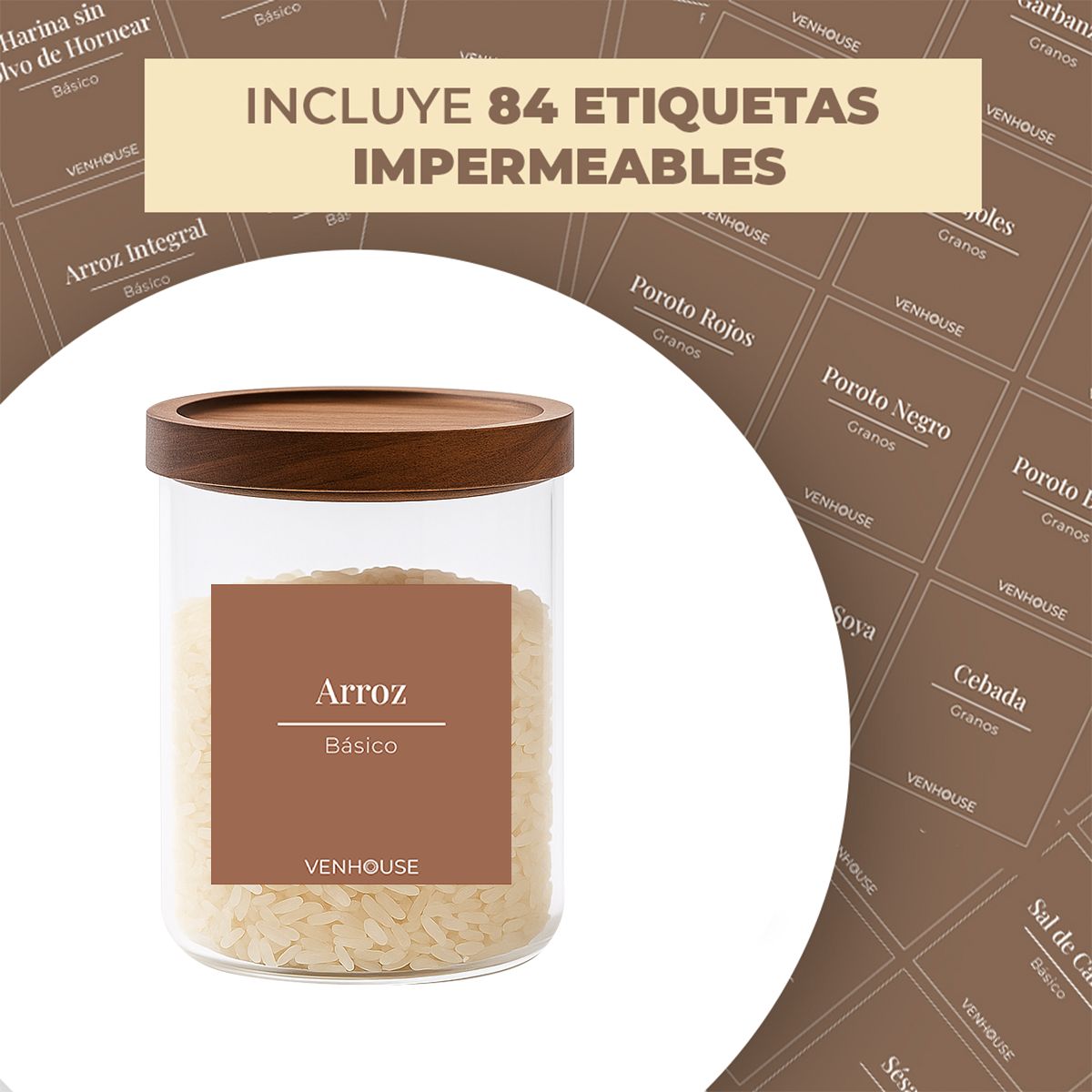 GENERICO - Set 3 Contenedores Herméticos Vidrio Cocina Acacia Etiqueta Marrón