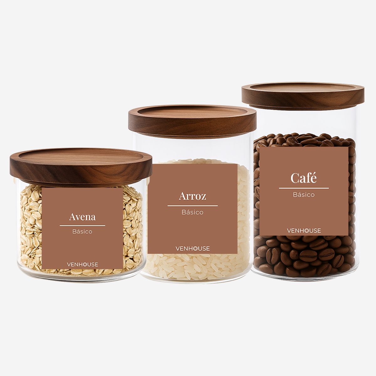 GENERICO - Set 3 Contenedores Herméticos Vidrio Cocina Acacia Etiqueta Marrón