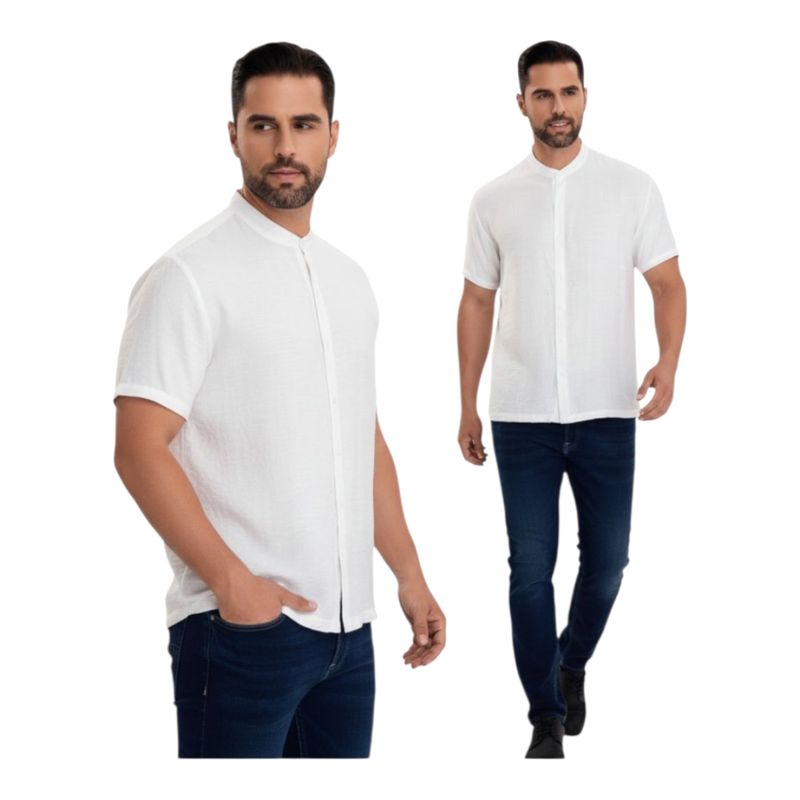 HERIEL - Camisa Hombre Cuello Mao Símil Lino  Elegante y Ligera