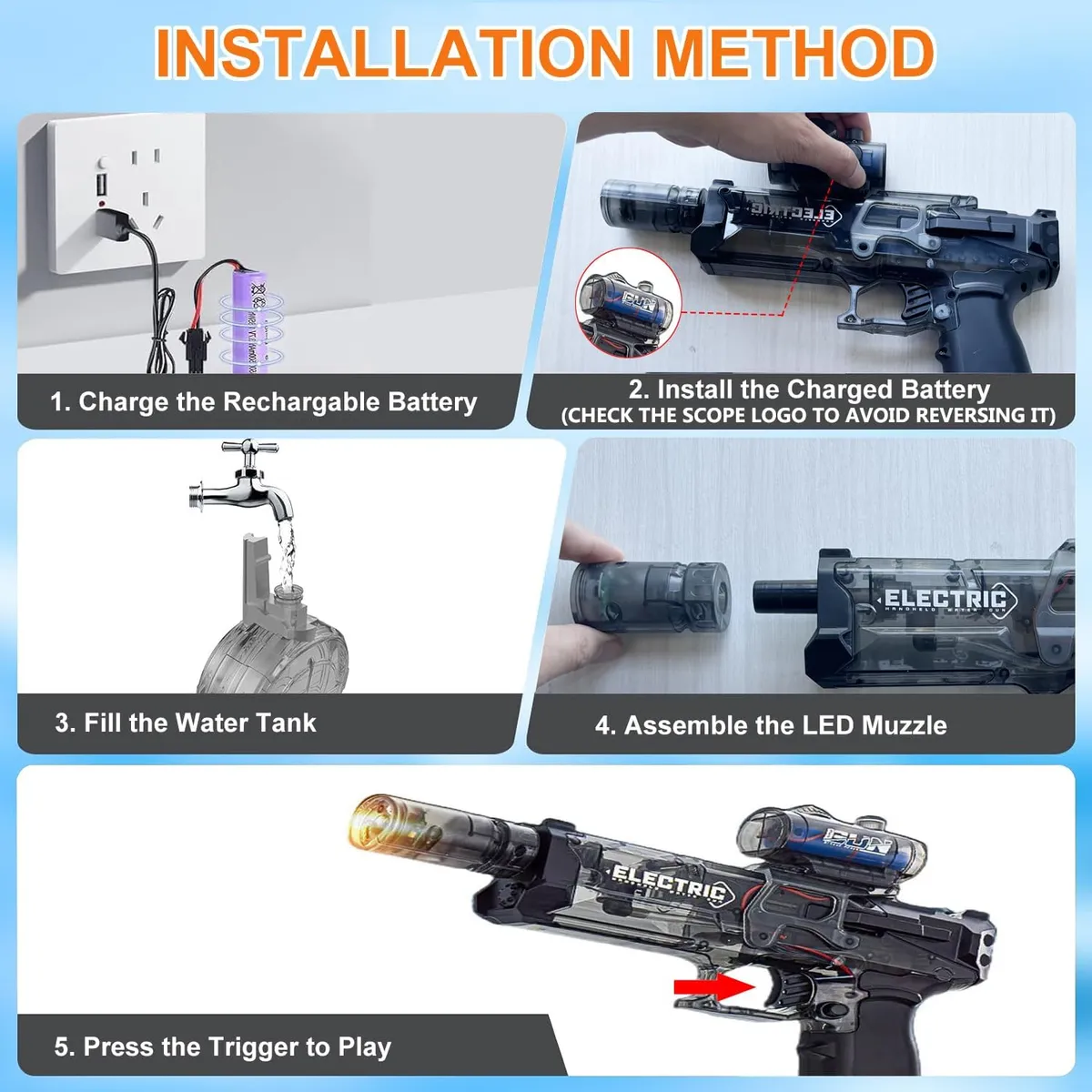 MOVI - PISTOLA DE AGUA ELECTRICA CON LUZ CON FORMA DE GLOCK