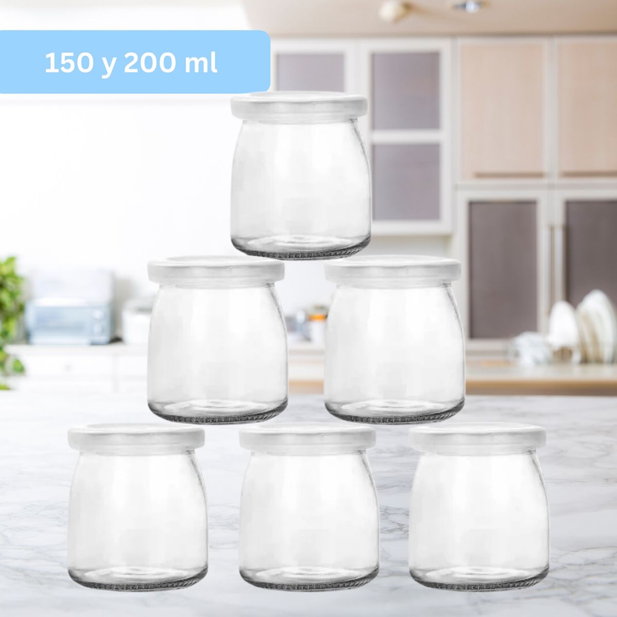 180 COMPOSTABLE - Pack De 6 Frascos De Vidrio Con Tapa Plástica de 200ml.