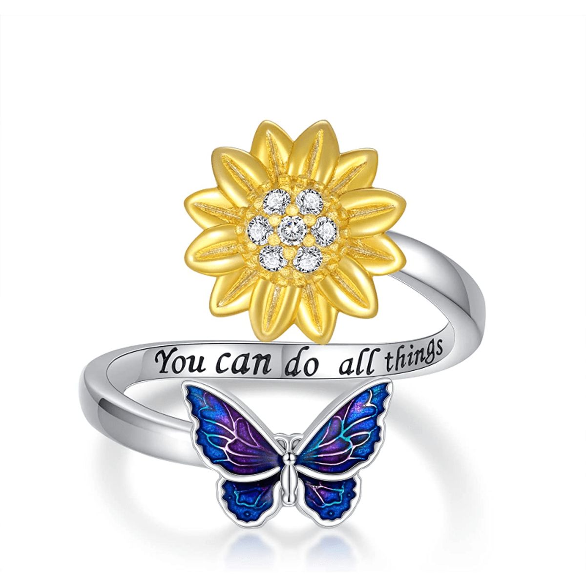 GENERICO - Anillo girasol mariposa plata 925 ajustable