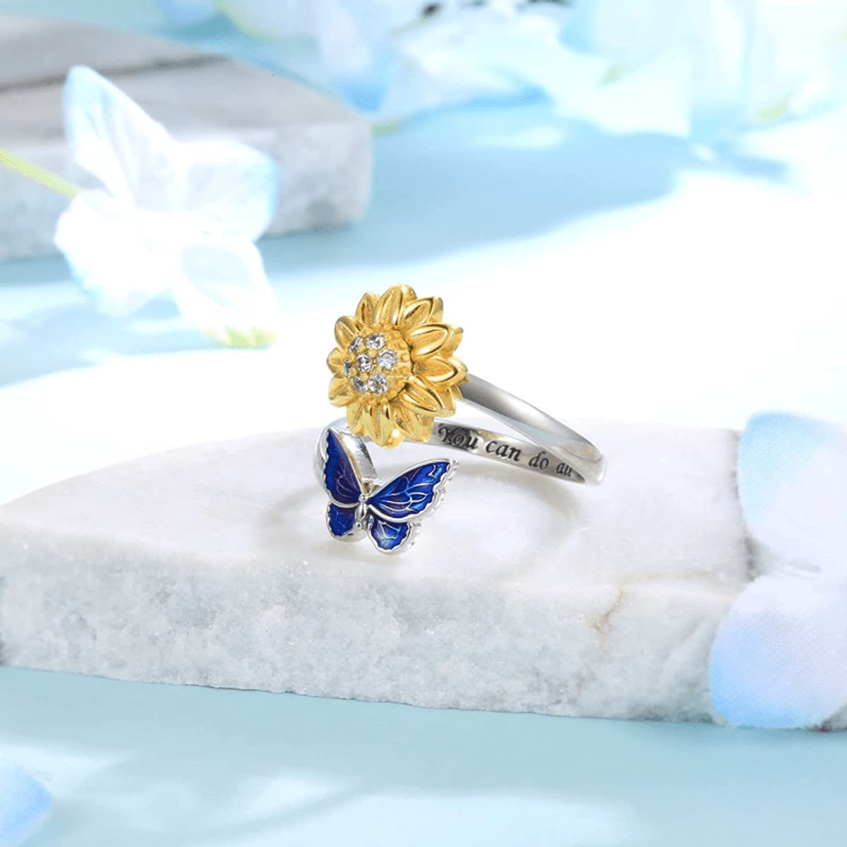 GENERICO - Anillo girasol mariposa plata 925 ajustable