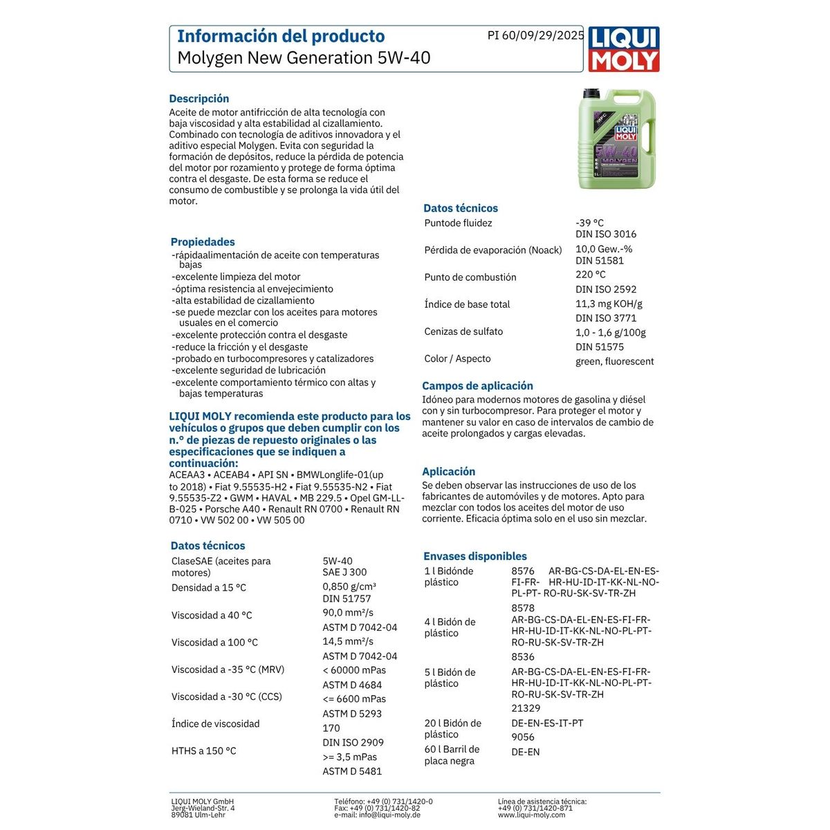 LIQUI MOLY - Aceite Motor Molygen 5w40 Liqui Moly 5 Lts.