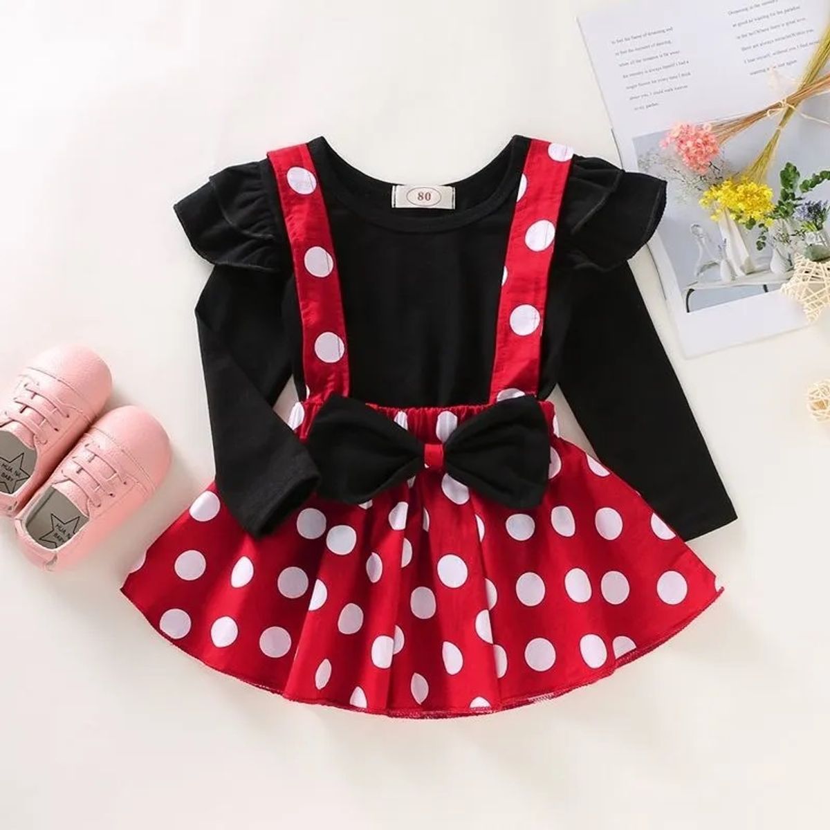 TOPBABY - Body Vestido Conjunto Para Bebes Niñas Manga Larga Puntos Blancos