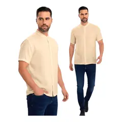 HERIEL - Camisa Hombre Cuello Mao Símil Lino Elegante y Ligera
