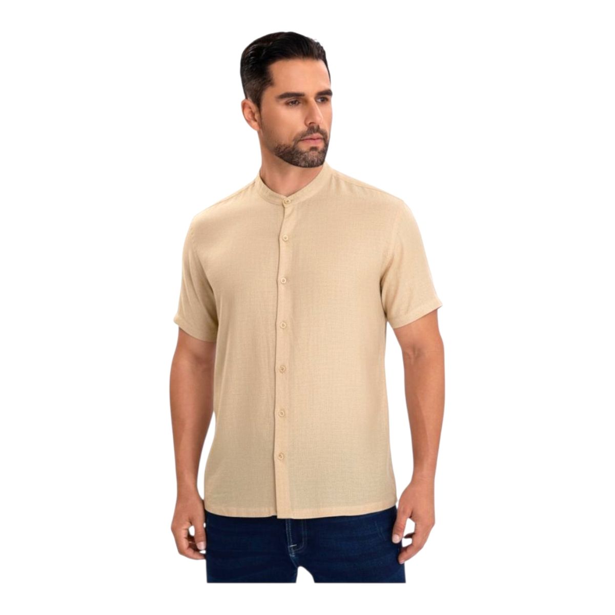 HERIEL - Camisa Hombre Cuello Mao Símil Lino  Elegante y Ligera