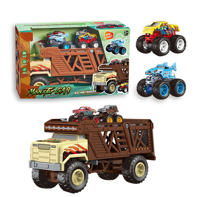 MONSTER - Camión Transportador Monster Car Con 4 Autos Todoterreno