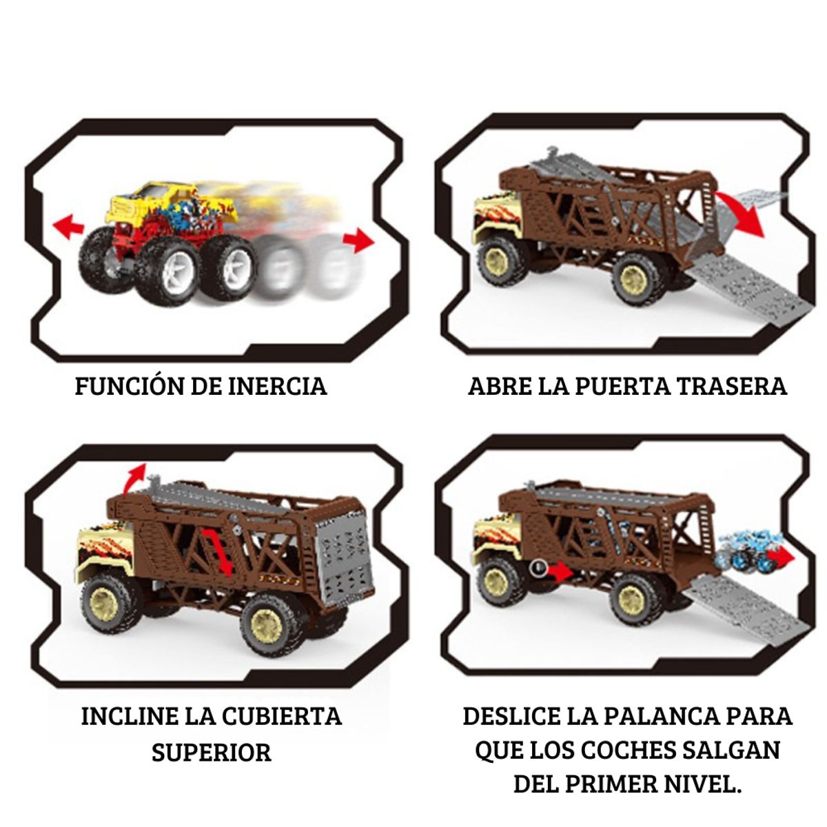 MONSTER - Camión Transportador Monster Car Con 4 Autos Todoterreno