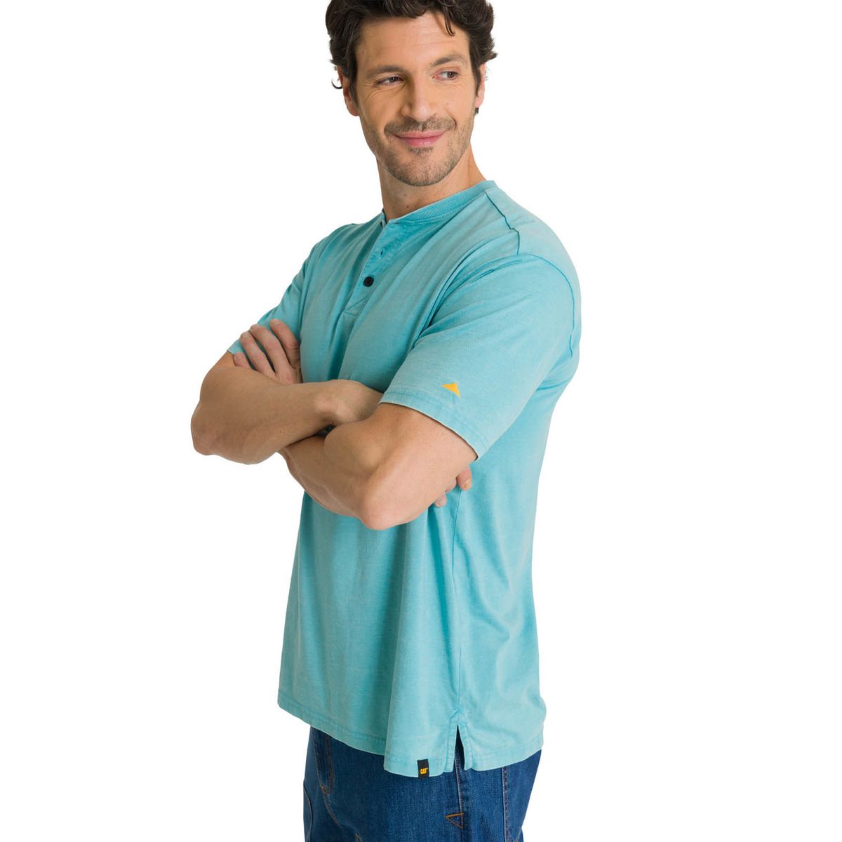 CAT - Polera Manga Corta Hombre Henley Burnout Azul Claro CAT