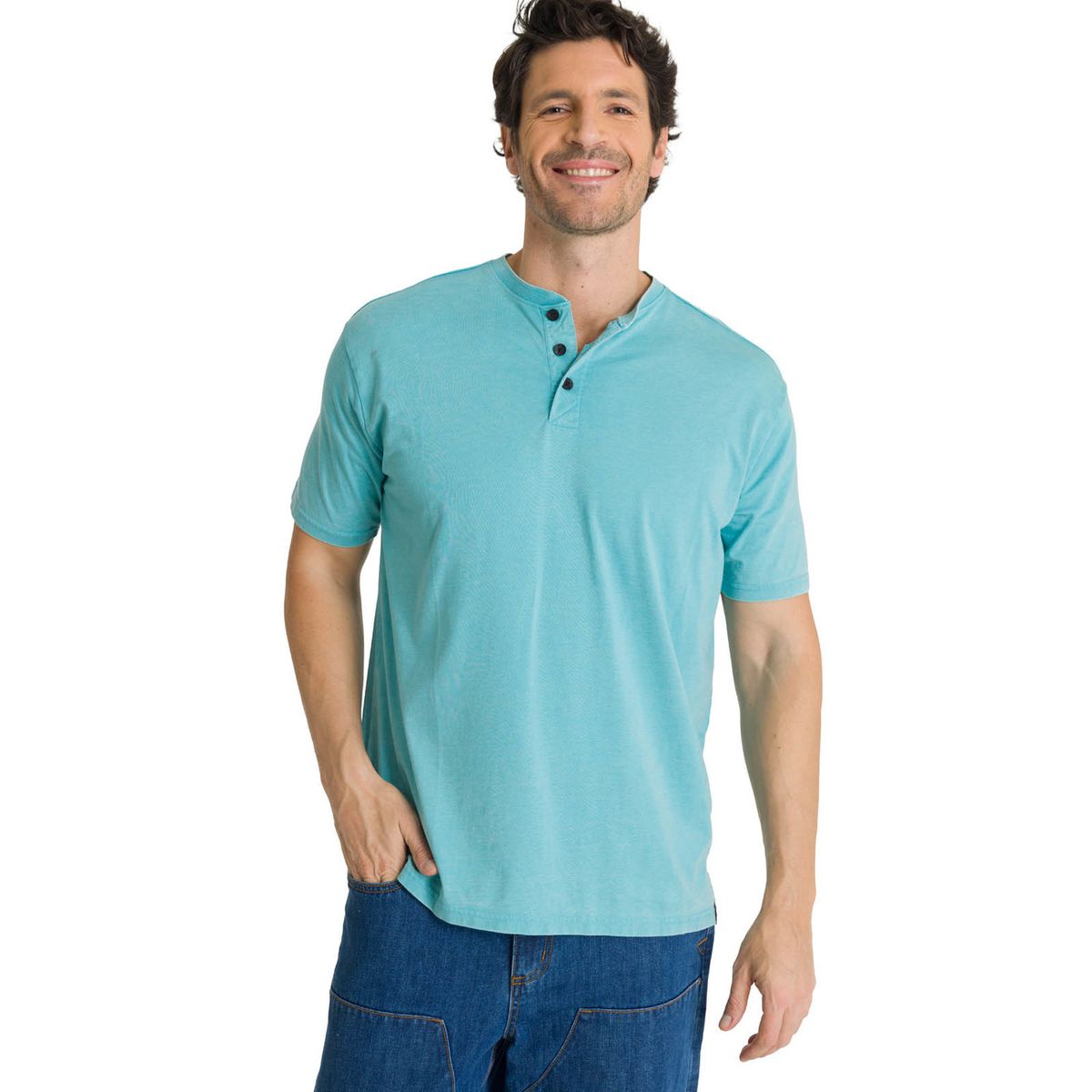 CAT - Polera Manga Corta Hombre Henley Burnout Celeste CAT