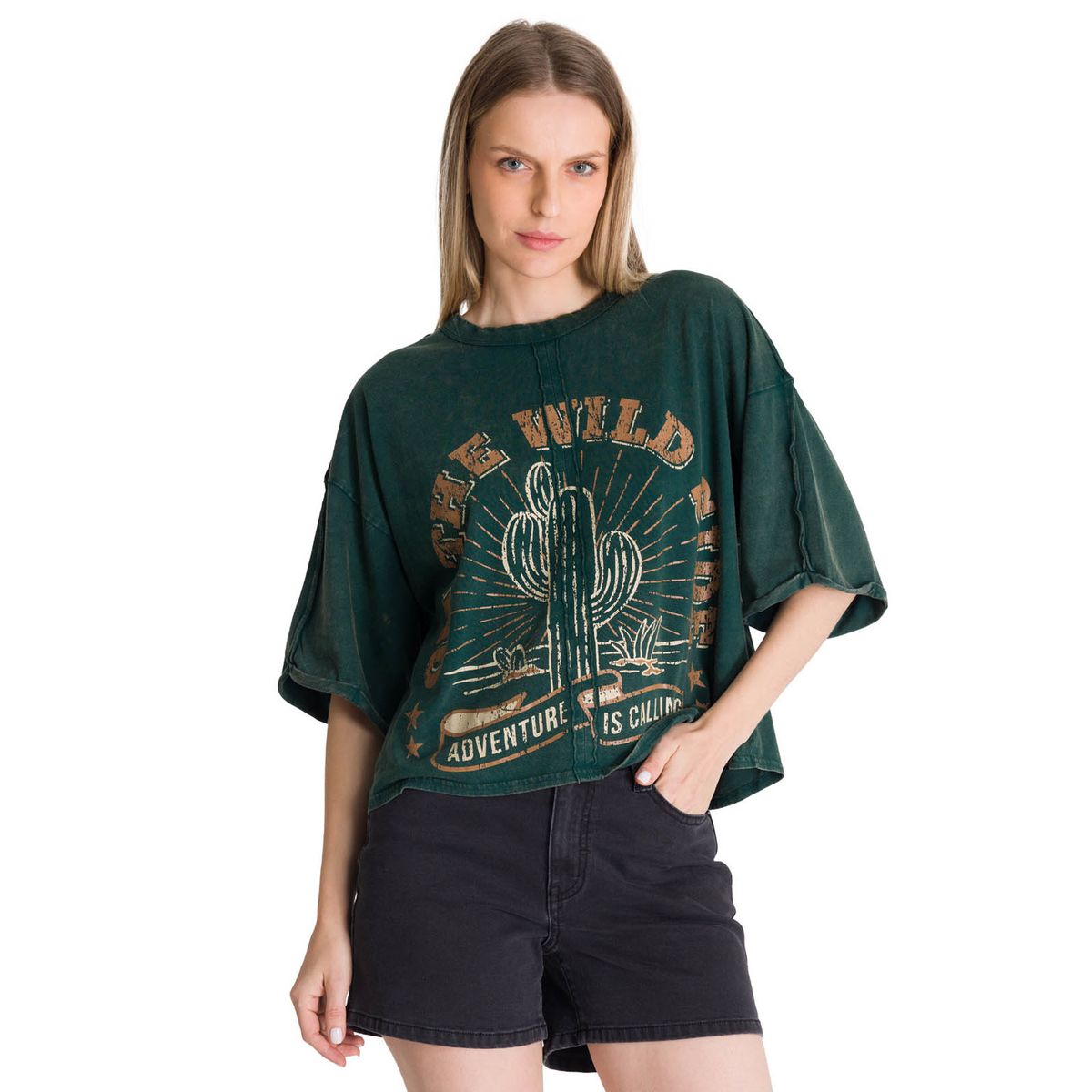 CAT - Polera Manga Corta Oversize Mujer Diseño Verde CAT