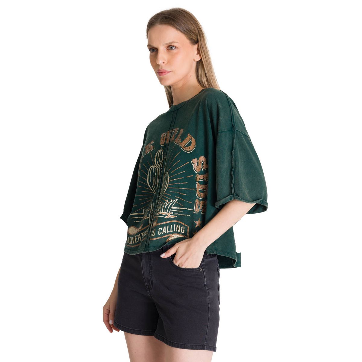 CAT - Polera Manga Corta Oversize Mujer Diseño Verde CAT