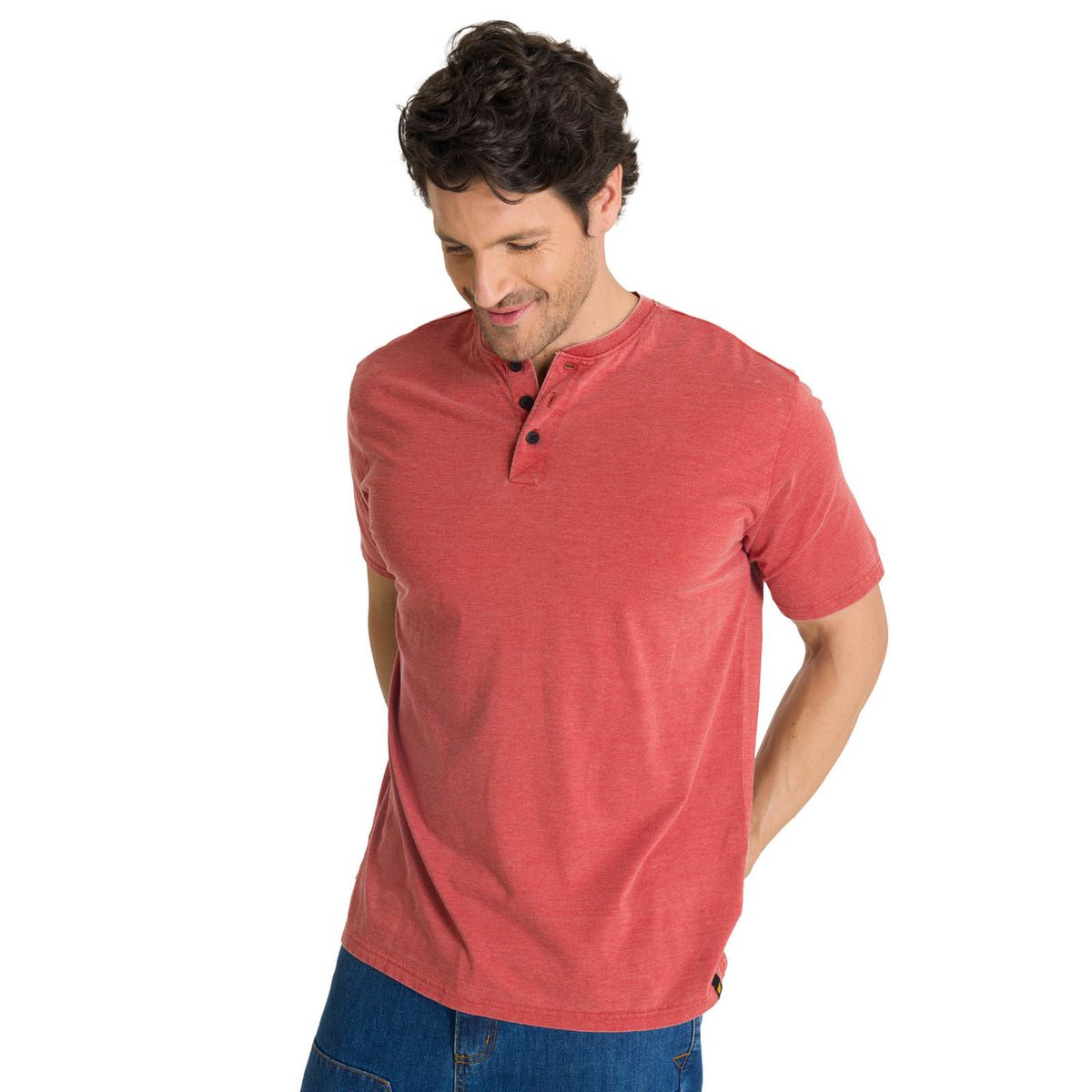 CAT - Polera Manga Corta Henley Hombre Burnout Rojo CAT