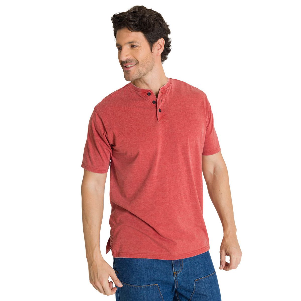 CAT - Polera Manga Corta Henley Hombre Burnout Rojo CAT
