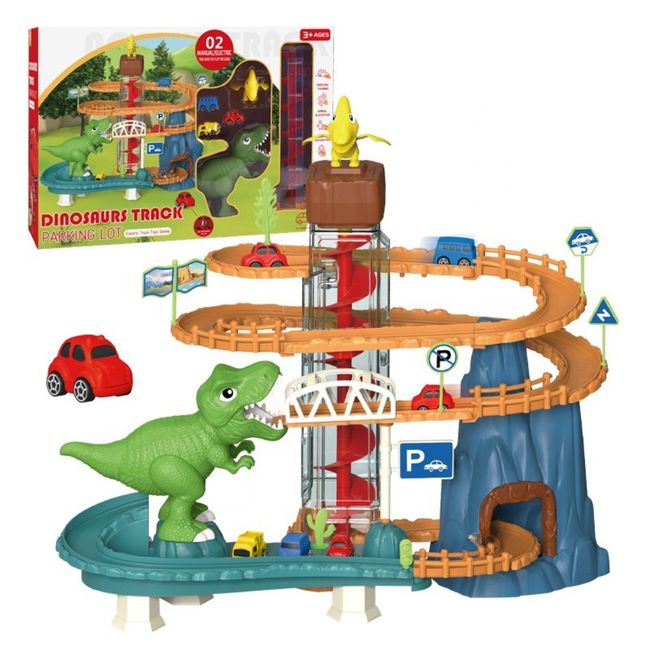 T REX - Pista De Autos Dinosaurio Con Ascensor Y Espiral