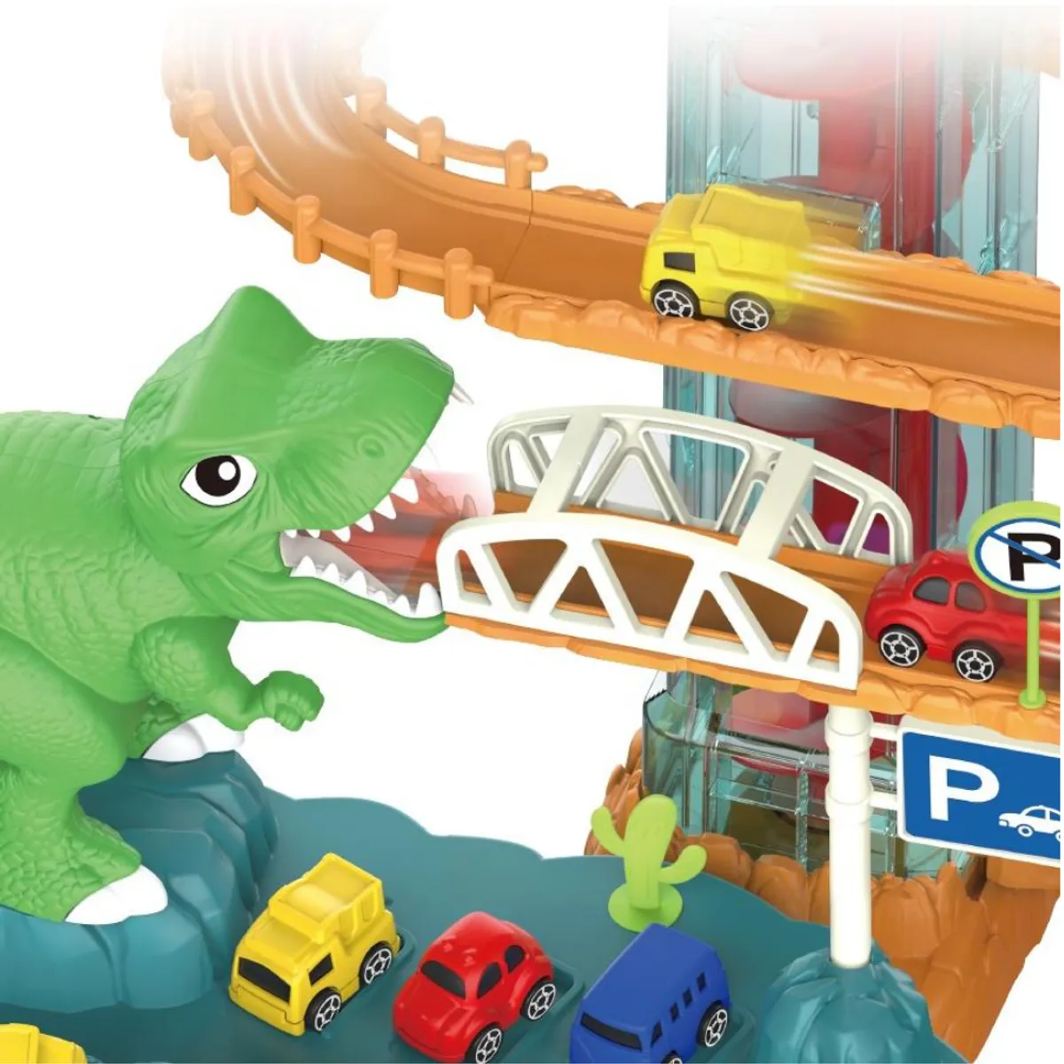 T REX - Pista De Autos Dinosaurio Con Ascensor Y Espiral
