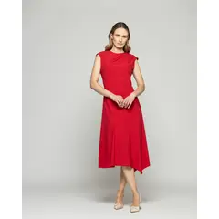 LUDOVICA - Vestido Mujer Yareta Midi Escote Redondo Hombro Drapeado Liso Rojo