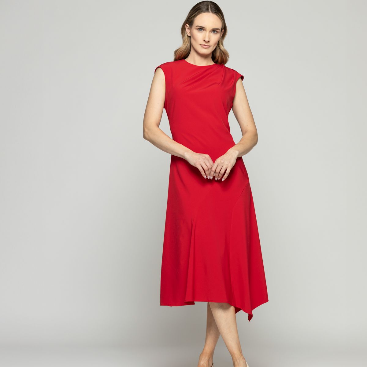 LUDOVICA - Vestido Mujer Yareta Midi Escote Redondo Hombro Drapeado Liso Rojo Ludovica