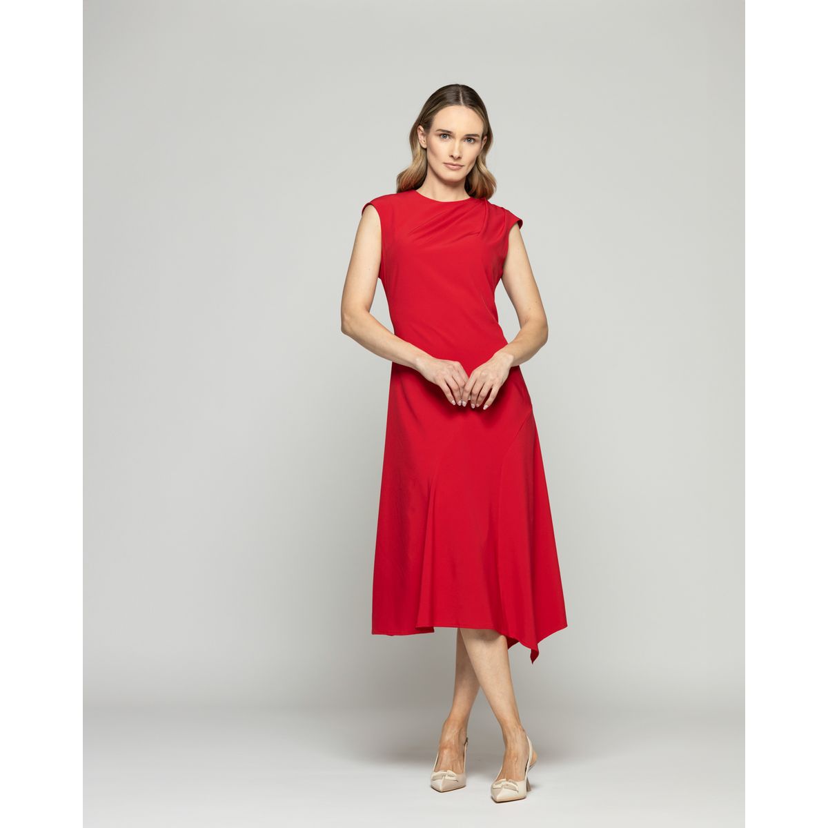 LUDOVICA - Vestido Mujer Yareta Midi Escote Redondo Hombro Drapeado Liso Rojo Ludovica