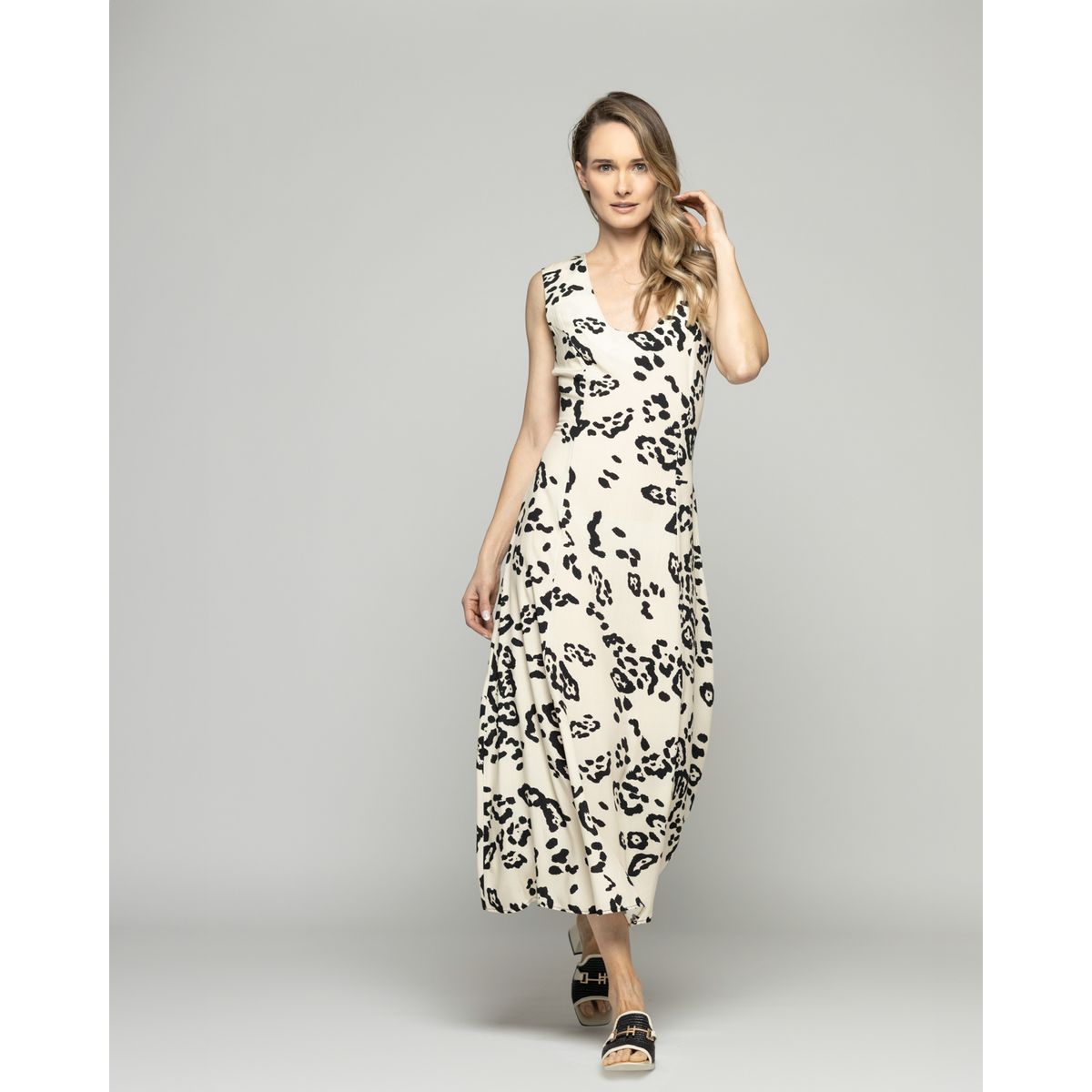 LUDOVICA - Vestido Mujer Vanda Midi Viscosa Sin Mangas Estampado Beige Ludovica