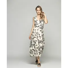 LUDOVICA - Vestido Mujer Vanda Midi Viscosa Sin Mangas Estampado Beige