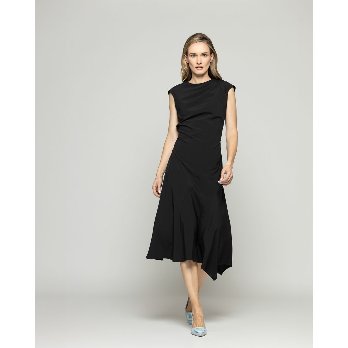 LUDOVICA - Vestido Mujer Yareta Midi Escote Redondo Hombro Drapeado Liso Negro Ludovica