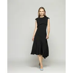 LUDOVICA - Vestido Mujer Yareta Midi Escote Redondo Hombro Drapeado Liso Negro