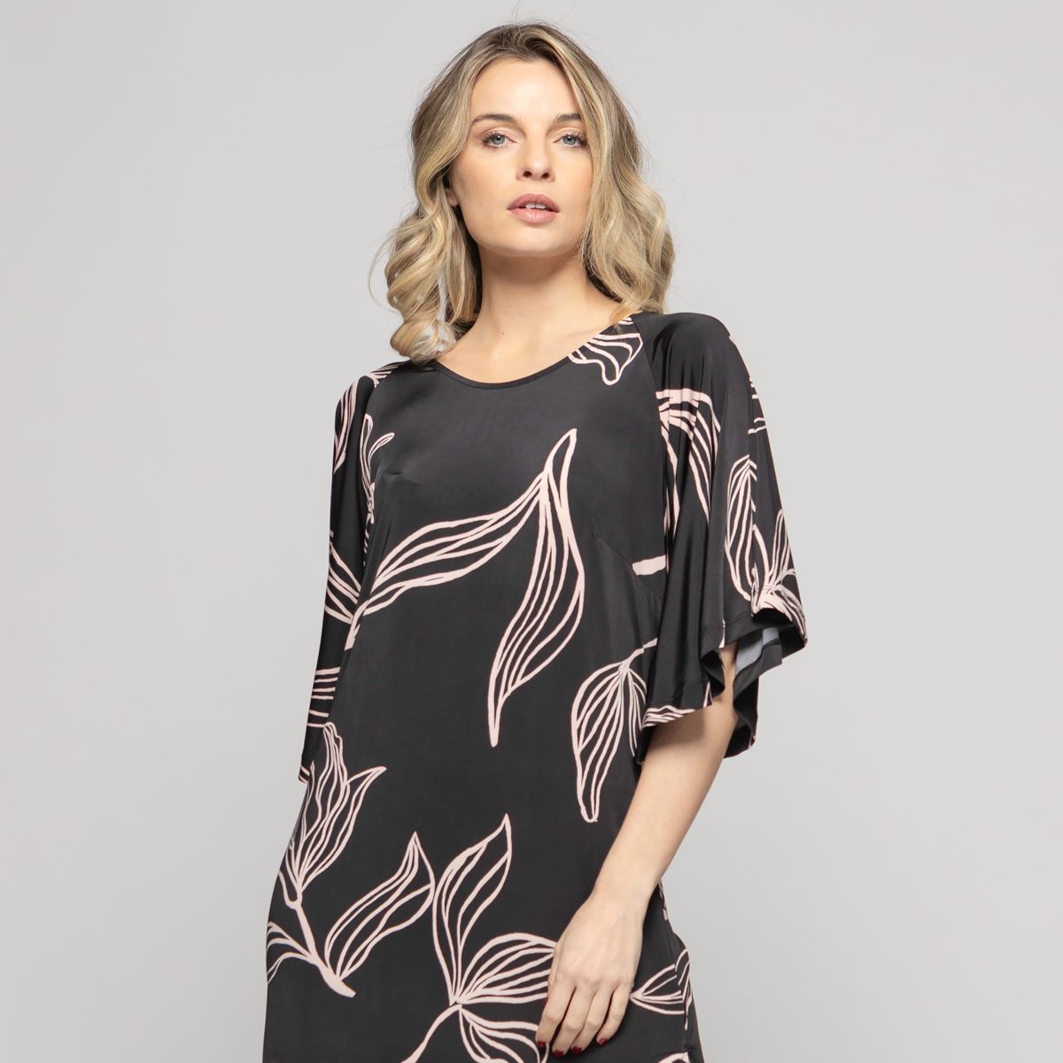 LUDOVICA - Vestido Mujer Zinnia Manga Murciélago Cuello Redondo Estampado Botánico Negro Ludovica