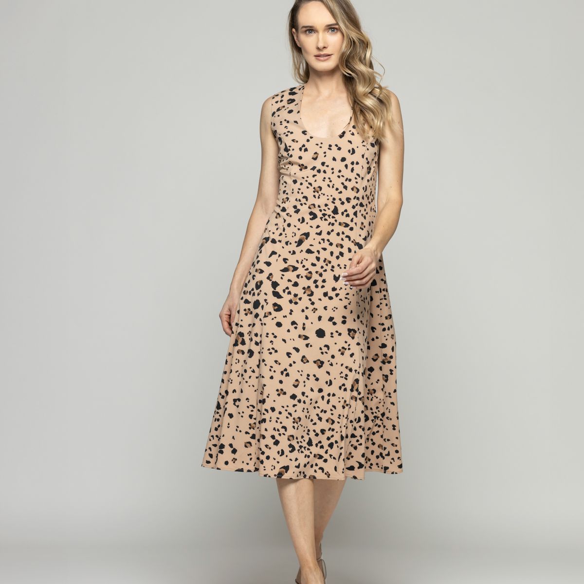 LUDOVICA - Vestido Mujer Vanda Midi Sin Mangas Animal Print Leopardo Café Ludovica