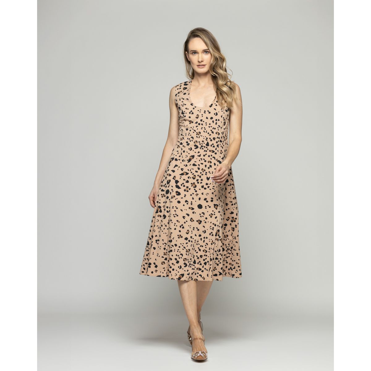 LUDOVICA - Vestido Mujer Vanda Midi Sin Mangas Animal Print Leopardo Café Ludovica