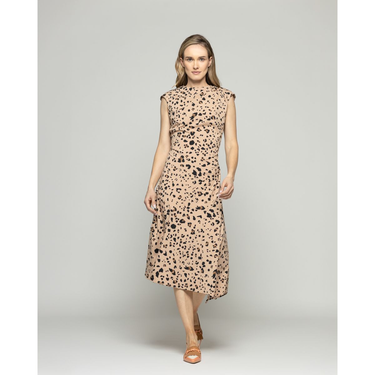 LUDOVICA - Vestido Mujer Yareta Midi Escote Redondo Hombro Drapeado Animal Print Leopardo Café Ludovica