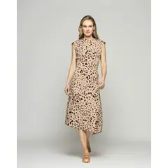 LUDOVICA - Vestido Mujer Yareta Midi Escote Redondo Hombro Drapeado Animal Print Leopardo Café