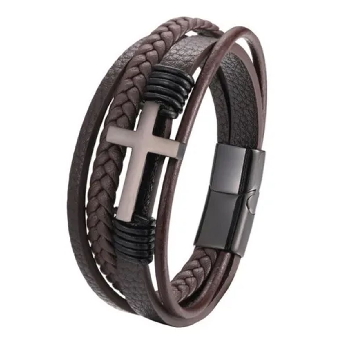 GENERICO - Pulsera De Cuero Cruz Black Brown Hombre Mujer Royal Madriz