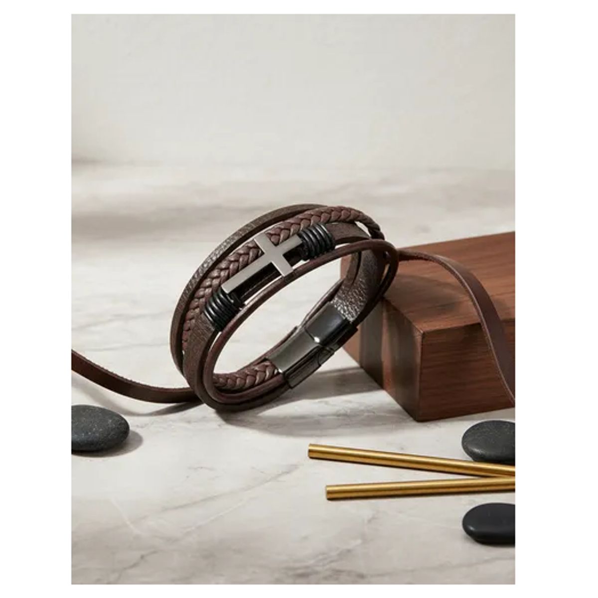 GENERICO - Pulsera De Cuero Cruz Black Brown Hombre Mujer Royal Madriz