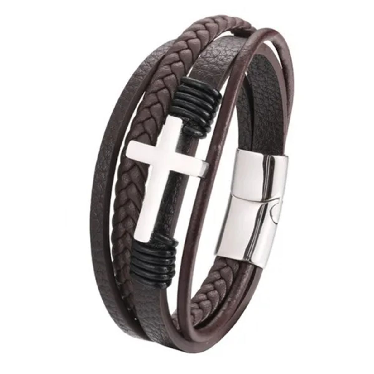 GENERICO - Pulsera De Cuero Cruz Black Brown Hombre Mujer Royal Madriz