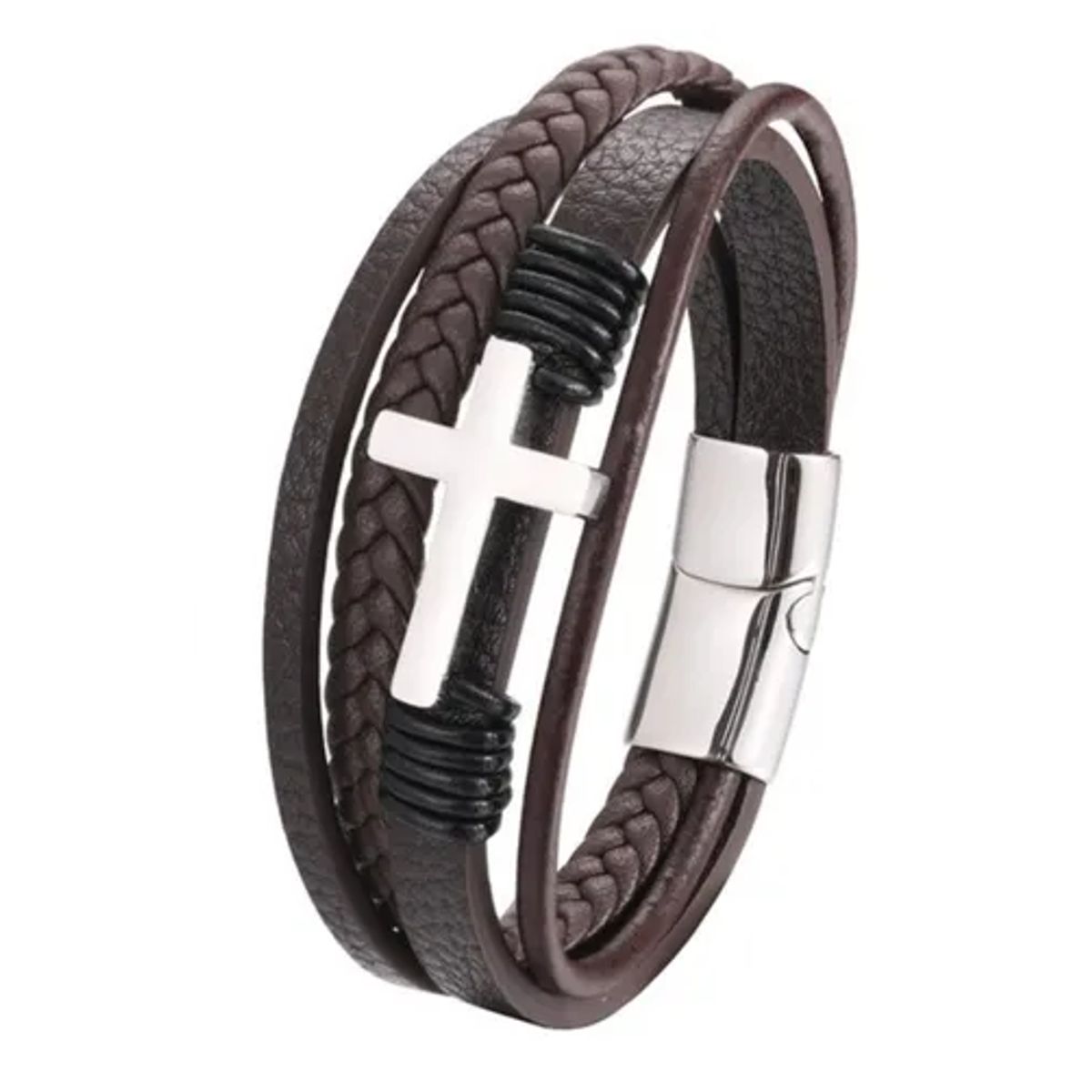 GENERICO - Pulsera De Cuero Cruz Black Brown Hombre Mujer Royal Madriz