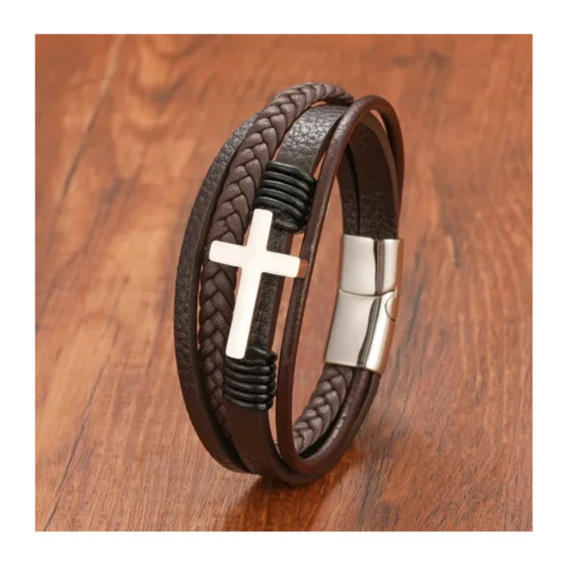 GENERICO - Pulsera De Cuero Cruz Black Brown Hombre Mujer Royal Madriz