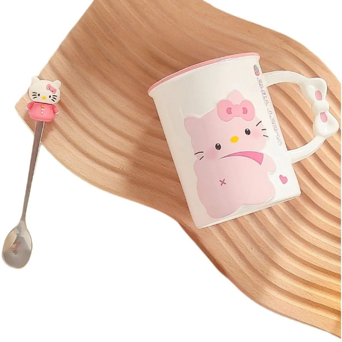 GENERICO - Taza Tazon Mug Gatita Kitty +Tapa + Cuchara Blanco Ojitos