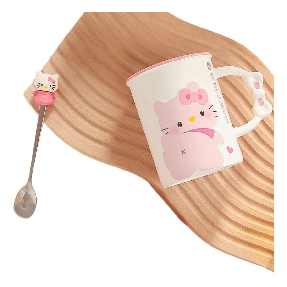 GENERICO - Taza Tazon Mug Gatita Kitty +Tapa + Cuchara Blanco Ojitos