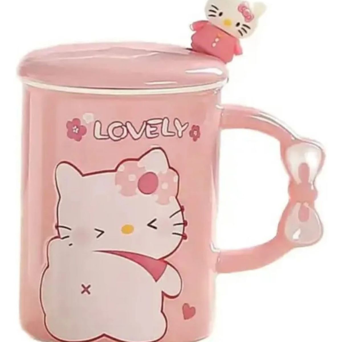 GENERICO - Taza Tazon Mug Gatita  Kitty +Tapa + Cuchara Rosa chinita